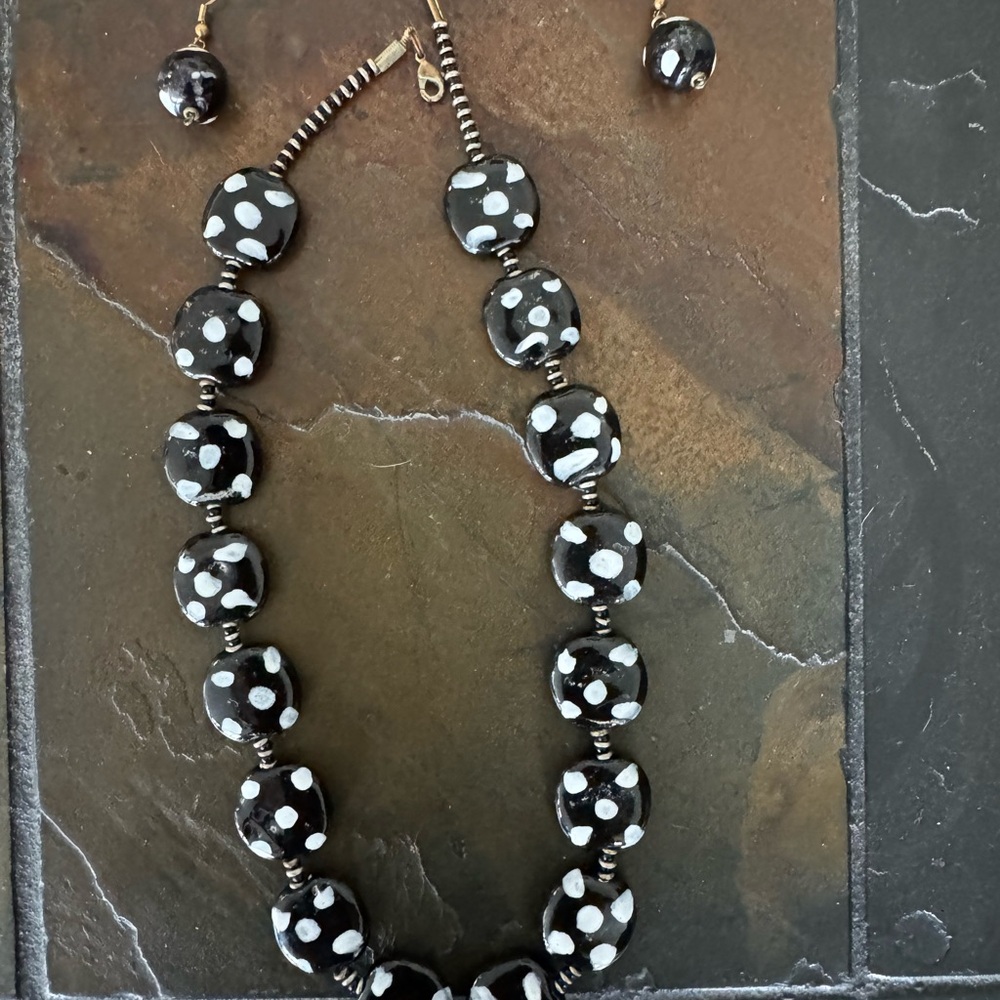 Black and White Polka Dot Kazuri Necklace and Earring Set